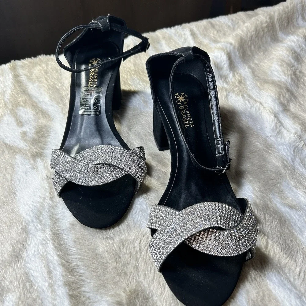Planeta Brasil Women Black Rhinestone Block Heel Ankle Strap Sandals Size 37 6.5